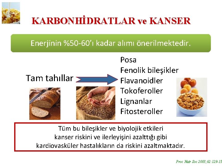 KARBONHİDRATLAR ve KANSER Enerjinin %50 -60’ı kadar alımı önerilmektedir. Tam tahıllar Posa Fenolik bileşikler