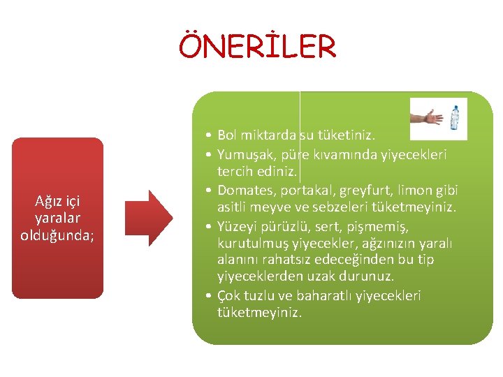 ÖNERİLER Ağız içi yaralar olduğunda; • Bol miktarda su tüketiniz. • Yumuşak, püre kıvamında