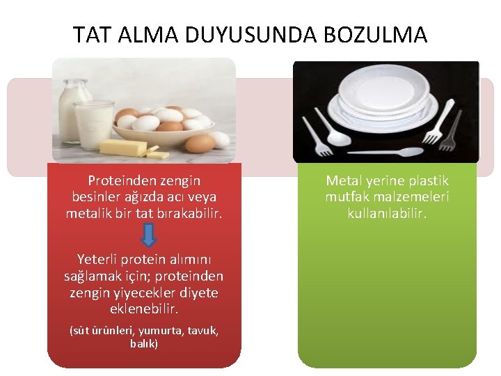 TAT ALMA DUYUSUNDA BOZULMA Proteinden zengin besinler ağızda acı veya metalik bir tat bırakabilir.