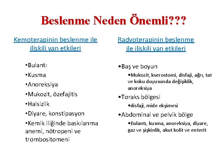 Beslenme Neden Önemli? ? ? Kemoterapinin beslenme ilişkili yan etkileri • Bulantı • Kusma