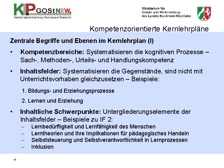 Kompetenzorientierte Kernlehrpläne Zentrale Begriffe und Ebenen im Kernlehrplan (I) • Kompetenzbereiche: Systematisieren die kognitiven