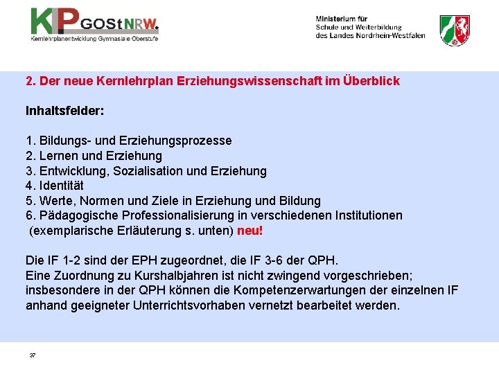 2. Der neue Kernlehrplan Erziehungswissenschaft im Überblick Inhaltsfelder: 1. Bildungs- und Erziehungsprozesse 2. Lernen
