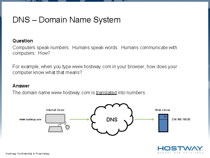 DNS – Domain Name System Question Computers speak numbers. Humans speak words. Humans communicate