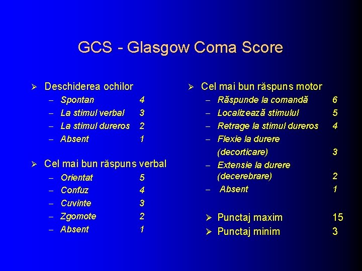 GCS - Glasgow Coma Score Ø Deschiderea ochilor – Spontan – La stimul verbal GCS - Glasgow Coma Score Ø Deschiderea ochilor – Spontan – La stimul verbal