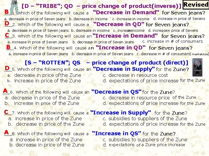 7 [D – “TRIBE”; QD – price change of product(inverse)] Revised B Which of