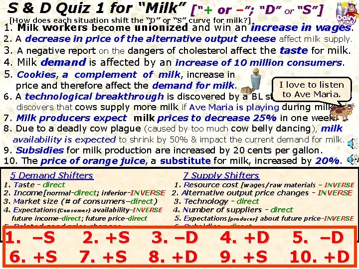 S & D Quiz 1 for “Milk” [“+ or –”; “D” or “S”] [How