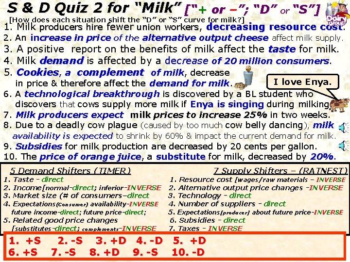 S & D Quiz 2 for “Milk” [“+ or –”; “D” or “S”] [How
