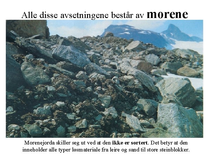 Alle disse avsetningene består av morene Morenejorda skiller seg ut ved at den ikke