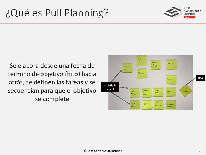 ¿Qué es Pull Planning? Se elabora desde una fecha de termino de objetivo (hito)