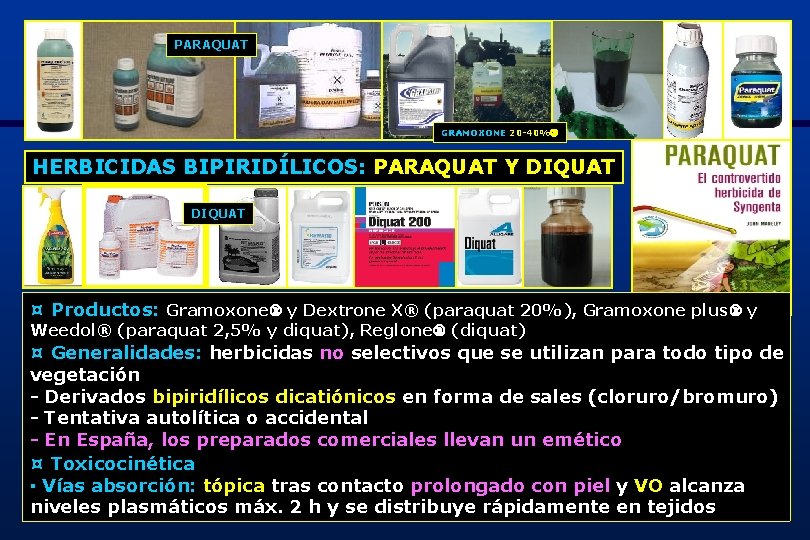 PARAQUAT GRAMOXONE 20 -40% HERBICIDAS BIPIRIDÍLICOS: PARAQUAT Y DIQUAT ¤ Productos: Gramoxone y Dextrone