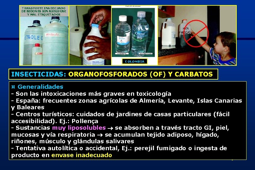 COLOMBIA INSECTICIDAS: ORGANOFOSFORADOS (OF) Y CARBATOS ¤ Generalidades - Son las intoxicaciones más graves