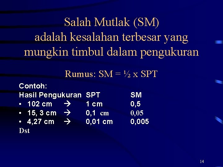 Salah Mutlak (SM) adalah kesalahan terbesar yang mungkin timbul dalam pengukuran Rumus: SM =