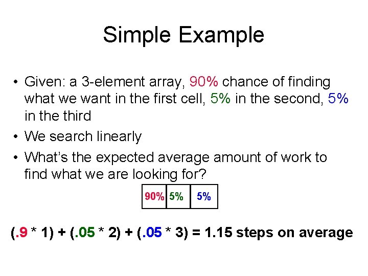 Simple Example • Given: a 3 -element array, 90% chance of finding what we