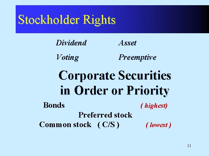 Stockholder Rights Dividend Asset Voting Preemptive Corporate Securities in Order or Priority Bonds Preferred