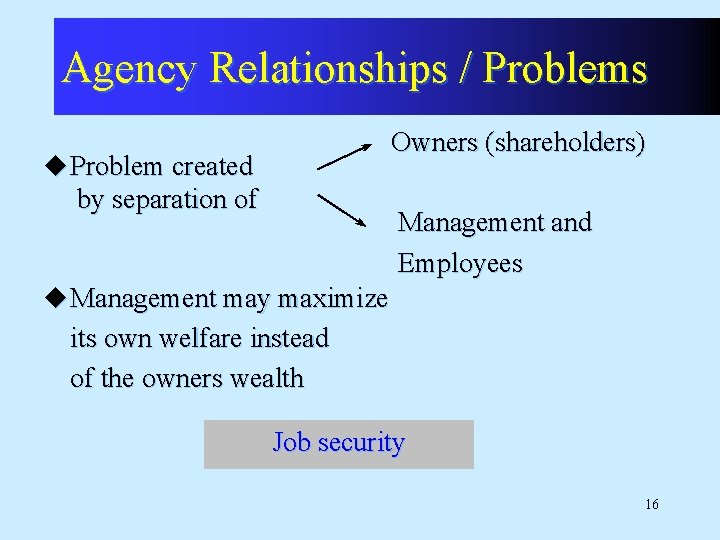Agency Relationships / Problems Owners (shareholders) u Problem created by separation of Management and