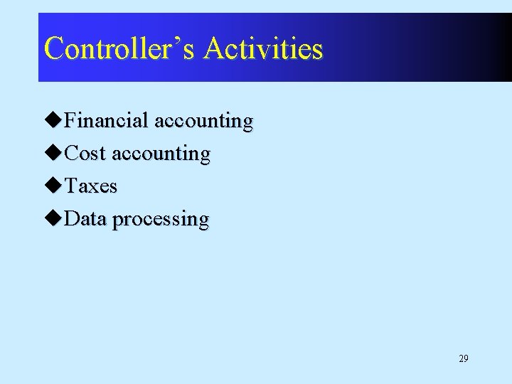 Controller’s Activities u. Financial accounting u. Cost accounting u. Taxes u. Data processing 29