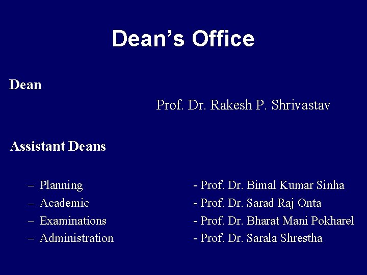 Dean’s Office Dean Prof. Dr. Rakesh P. Shrivastav Assistant Deans – – Planning Academic