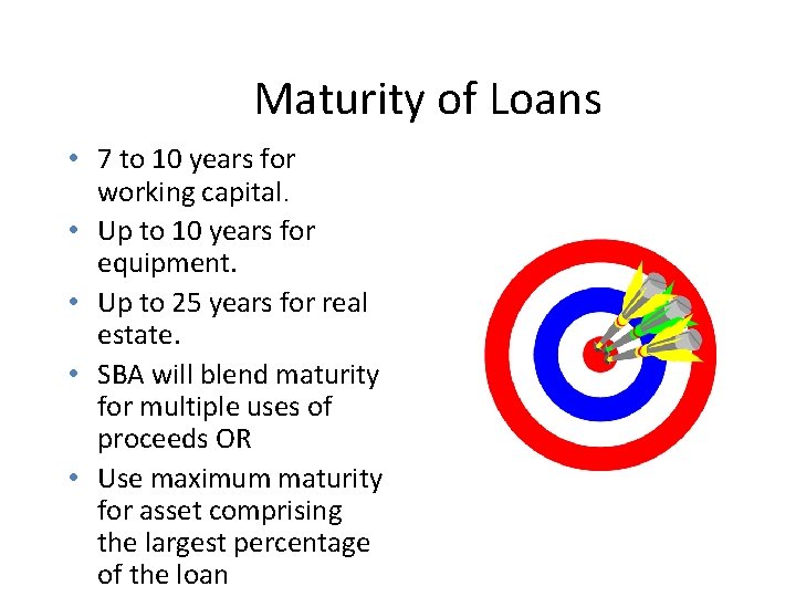 Maturity of Loans • 7 to 10 years for working capital. • Up to