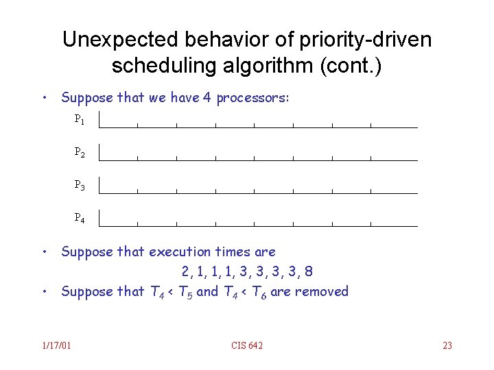 Unexpected behavior of priority-driven scheduling algorithm (cont. ) • Suppose that we have 4