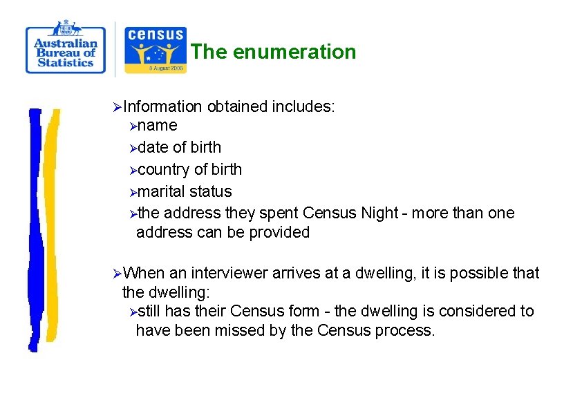 The enumeration ØInformation obtained includes: Øname Ødate of birth Øcountry of birth Ømarital status