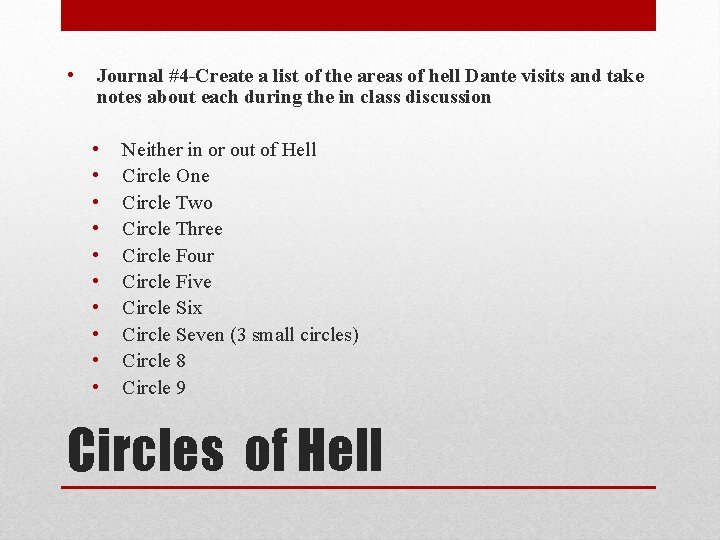  • Journal #4 -Create a list of the areas of hell Dante visits