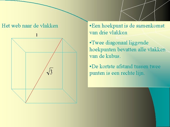 Het web naar de vlakken • Een hoekpunt is de samenkomst van drie vlakken