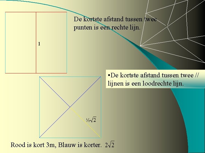 De kortste afstand tussen twee punten is een rechte lijn. • De kortste afstand