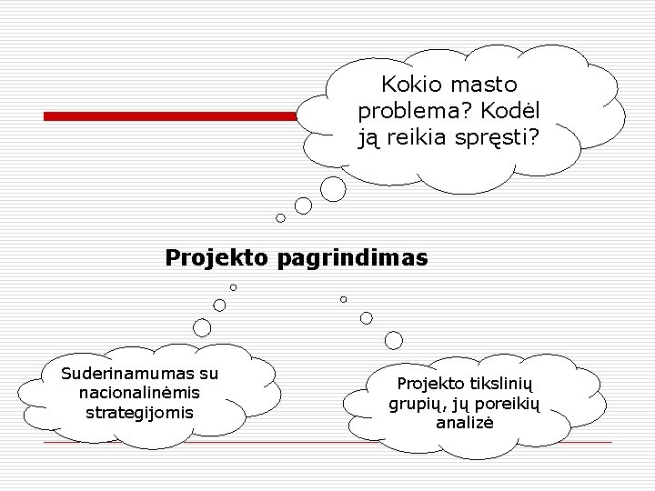 Kokio masto problema? Kodėl ją reikia spręsti? Projekto pagrindimas Suderinamumas su nacionalinėmis strategijomis Projekto