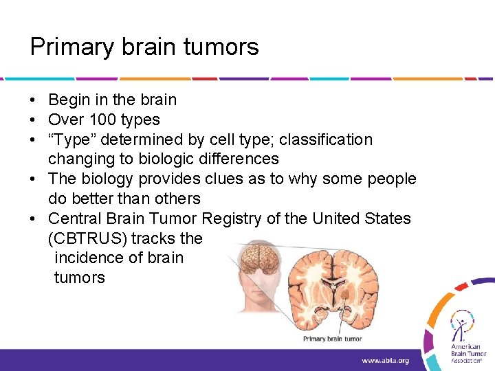 Primary brain tumors • Begin in the brain • Over 100 types • “Type”