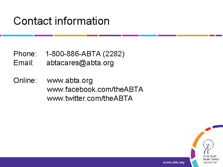 Contact information Phone: Email: 1 -800 -886 -ABTA (2282) abtacares@abta. org Online: www. abta.