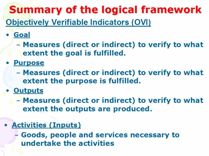 Summary of the logical framework Objectively Verifiable Indicators (OVI) • Goal – Measures (direct Summary of the logical framework Objectively Verifiable Indicators (OVI) • Goal – Measures (direct