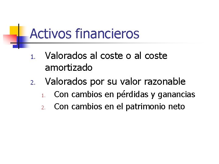 Activos financieros 1. 2. Valorados al coste o al coste amortizado Valorados por su