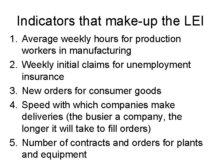 Indicators that make-up the LEI 1. Average weekly hours for production workers in manufacturing