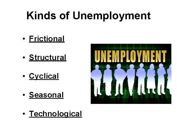 Kinds of Unemployment • Frictional • Structural • Cyclical • Seasonal • Technological 