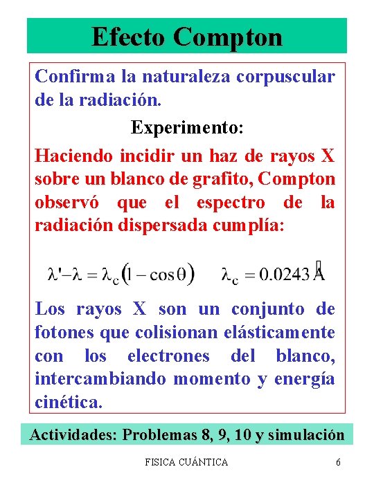 Efecto Compton Confirma la naturaleza corpuscular de la radiación. Experimento: Haciendo incidir un haz