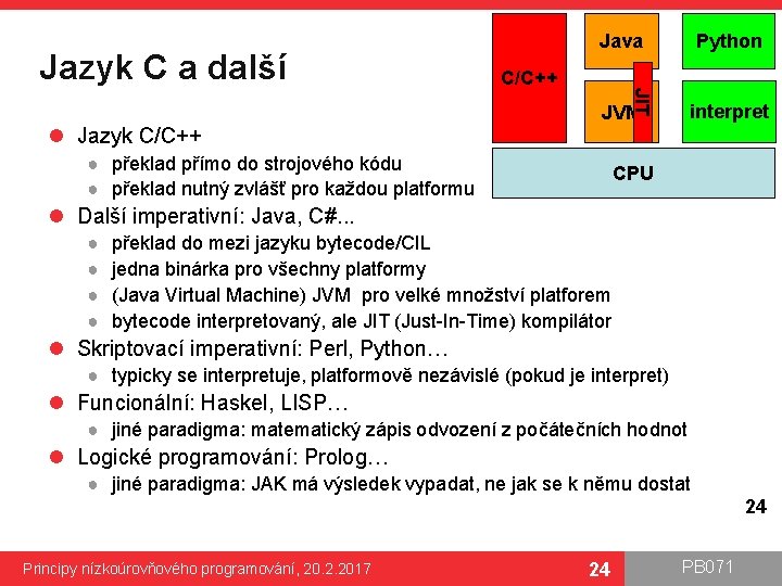 Jazyk C a další Java JIT C/C++ Python interpret JVM l Jazyk C/C++ ●