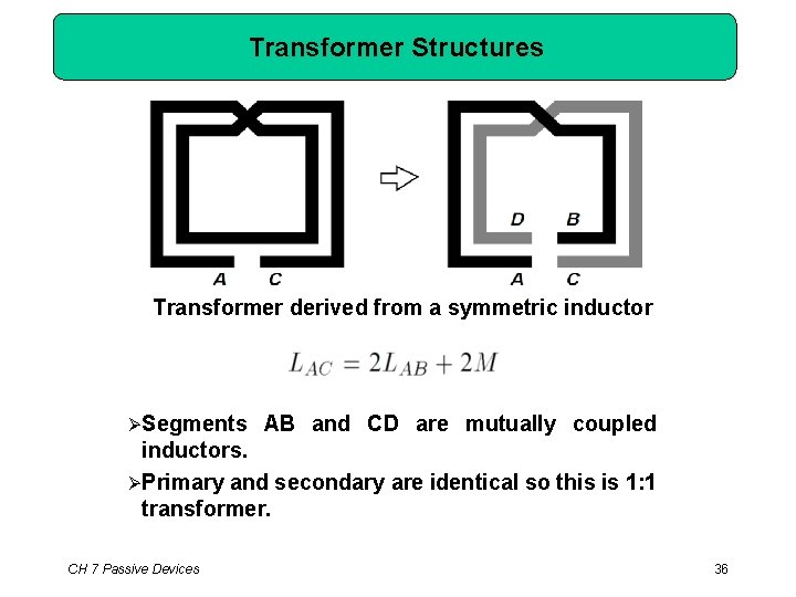 Transformer Structures Transformer derived from a symmetric inductor Segments AB and CD are mutually
