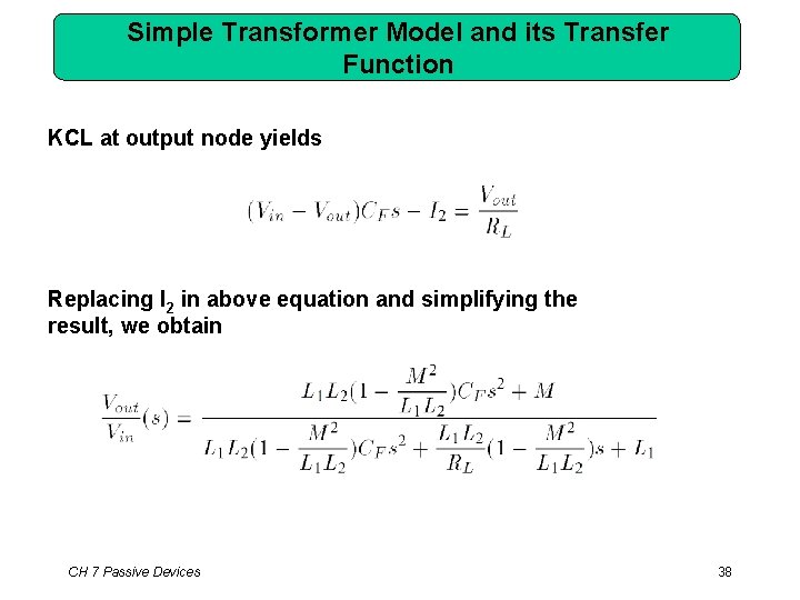 Simple Transformer Model and its Transfer Function KCL at output node yields Replacing I