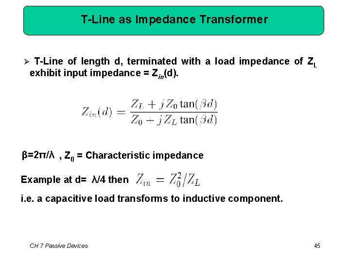 T-Line as Impedance Transformer T-Line of length d, terminated with a load impedance of
