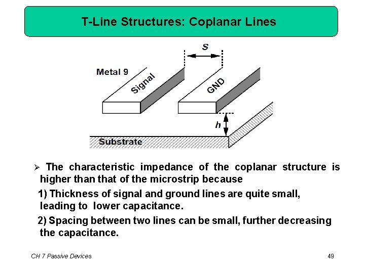 T-Line Structures: Coplanar Lines The characteristic impedance of the coplanar structure is higher than