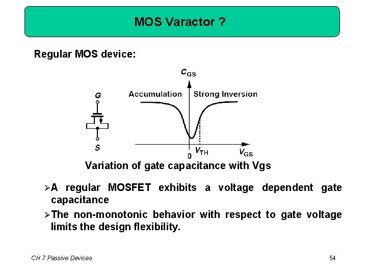 MOS Varactor ? Regular MOS device: Variation of gate capacitance with Vgs A regular