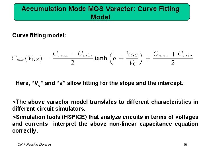Accumulation Mode MOS Varactor: Curve Fitting Model Curve fitting model: Here, “Vo” and “a”