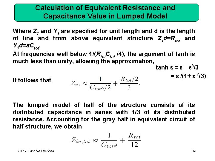 Calculation of Equivalent Resistance and Capacitance Value in Lumped Model Where Z 1 and