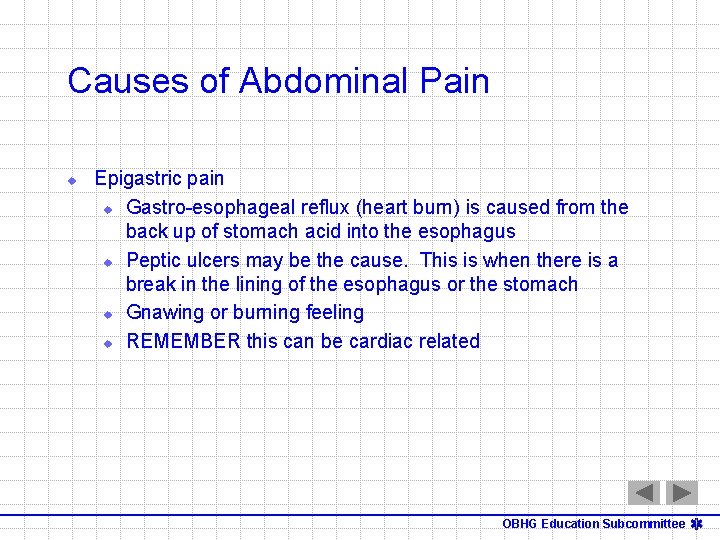 Causes of Abdominal Pain u Epigastric pain u Gastro-esophageal reflux (heart burn) is caused