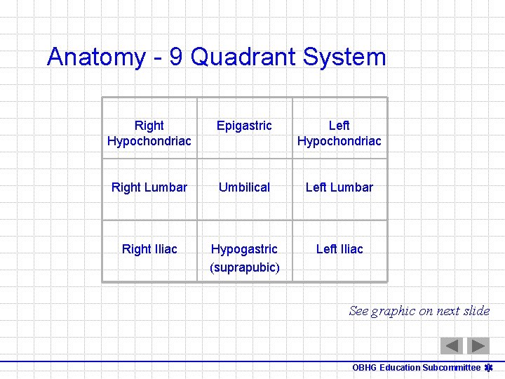 Anatomy - 9 Quadrant System Right Hypochondriac Epigastric Left Hypochondriac Right Lumbar Umbilical Left