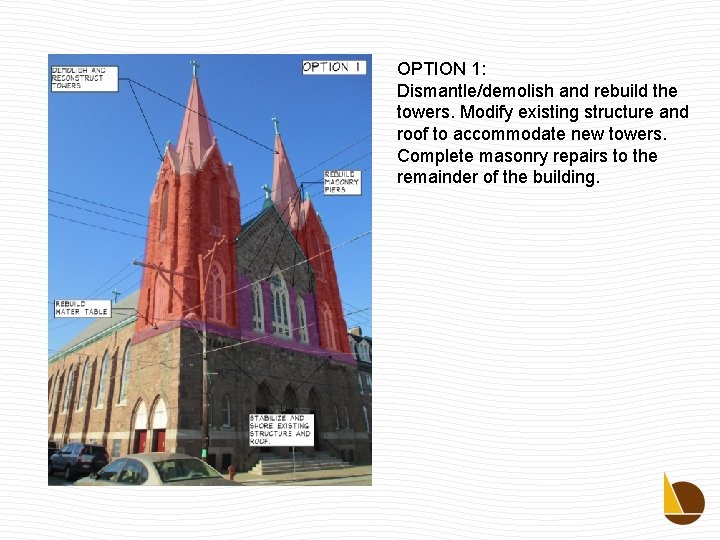 OPTION 1: Dismantle/demolish and rebuild the towers. Modify existing structure and roof to accommodate
