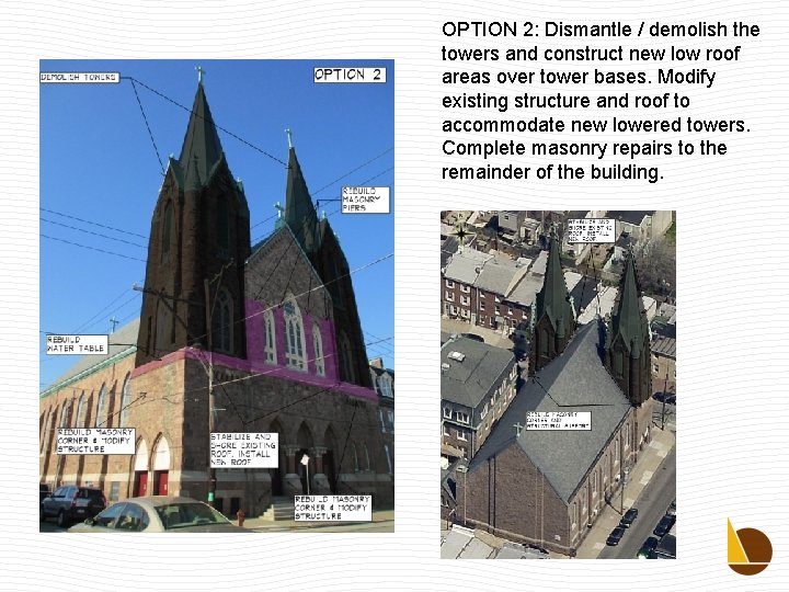 OPTION 2: Dismantle / demolish the towers and construct new low roof areas over