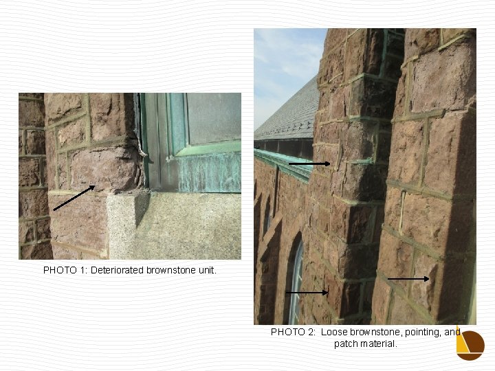 PHOTO 1: Deteriorated brownstone unit. PHOTO 2: Loose brownstone, pointing, and patch material. 