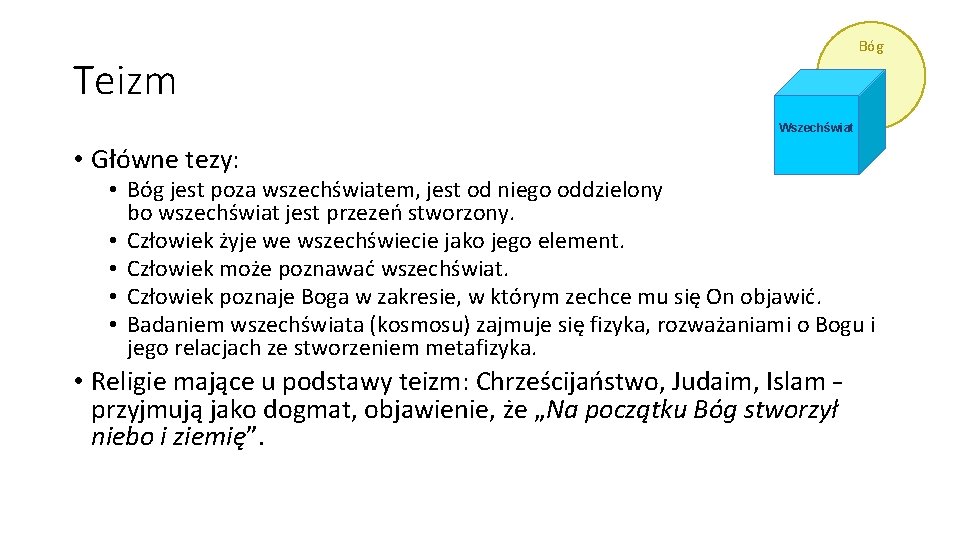 Bóg Teizm Wszechświat • Główne tezy: • Bóg jest poza wszechświatem, jest od niego