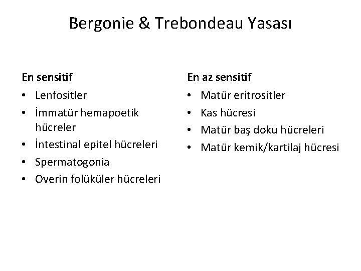 Bergonie & Trebondeau Yasası En sensitif En az sensitif • Lenfositler • İmmatür hemapoetik